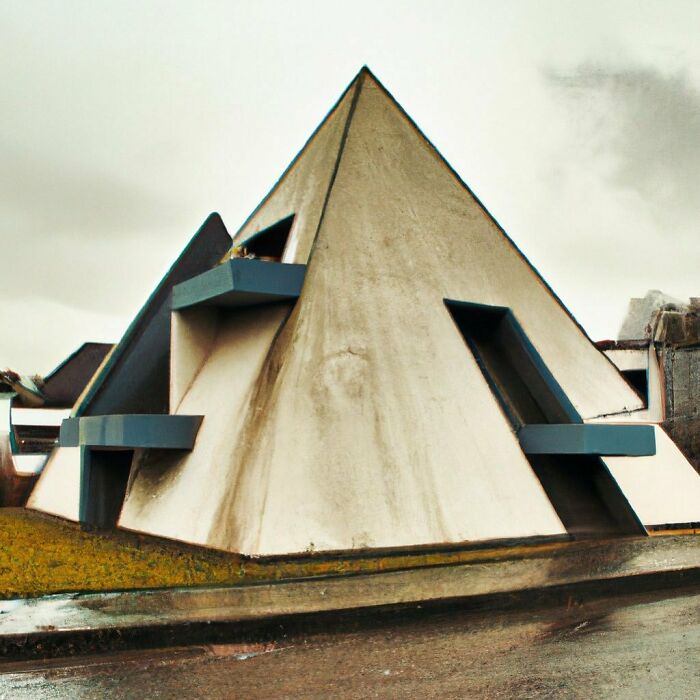 Pyramid-shaped house with odd angles and protrusions, showcasing hilariously bad architecture.