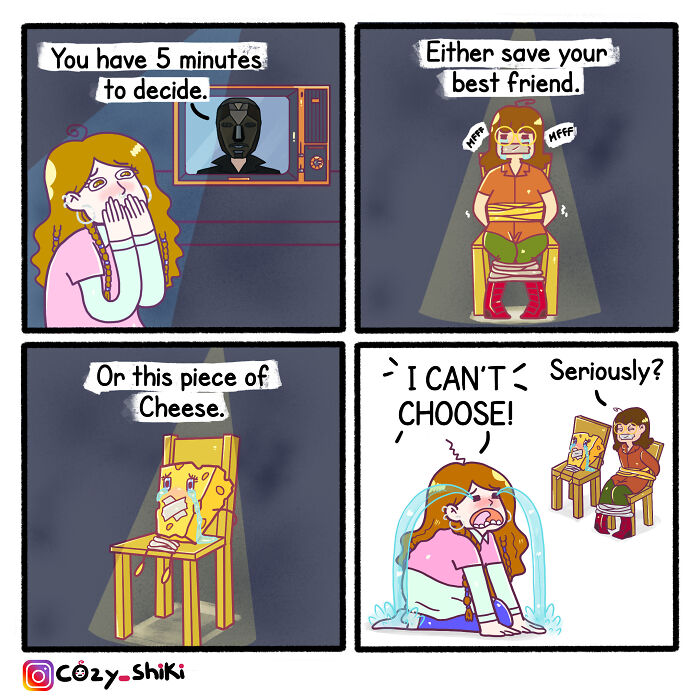 Comic depicting a hilariously relatable choice between saving a best friend or a piece of cheese, showing indecision.