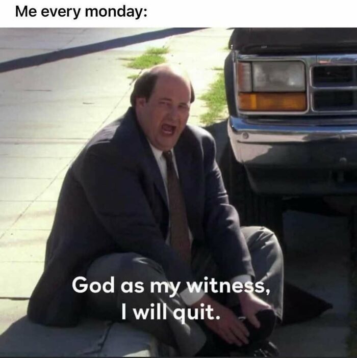 Man in suit sitting on sidewalk says, "God as my witness, I will quit," capturing funny office work frustration.