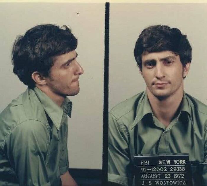 Young man in a vintage mugshot from 1972, wearing a green shirt, reflecting history cool kids theme.