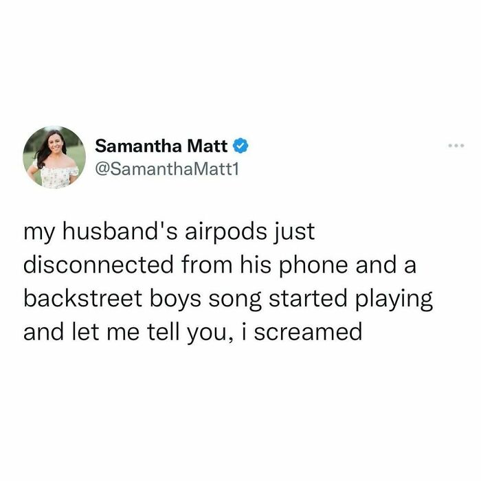 Funny millennial tweet about AirPods disconnecting and Backstreet Boys song playing unexpectedly.