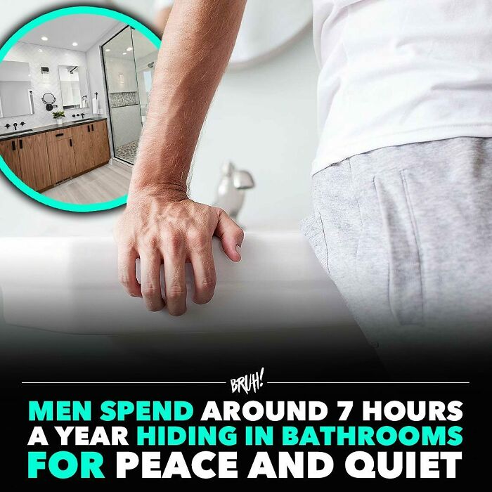 Man leaning on a bathtub, with an inset image of a bathroom; text highlights time spent in bathrooms for peace.