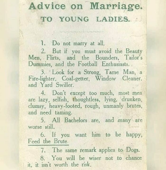 Sepia-toned historical advice on marriage for young ladies, listing humorous recommendations to avoid certain men.