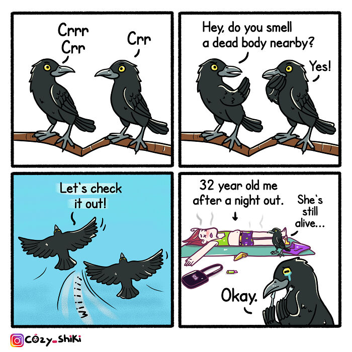 Comic of crows mistaking tired person for dead body, depicting hilariously relatable moments from everyday life.