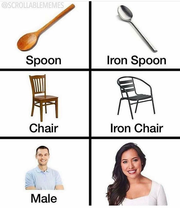 A hilariously random meme featuring a spoon, iron spoon, chair, iron chair, male, and a smiling woman.