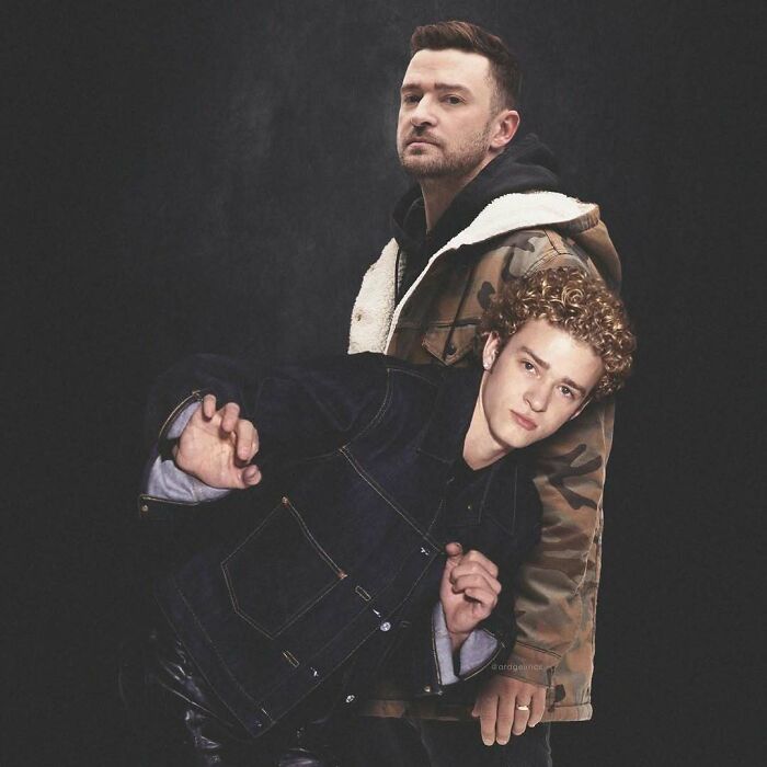 Photoshopped image of a celebrity standing with their younger self, highlighting the passage of time.