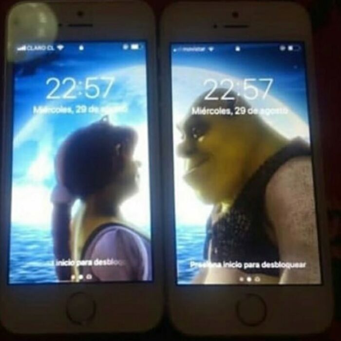 Two iPhones showing Shrek scene, illustrating funny photos without any context.
