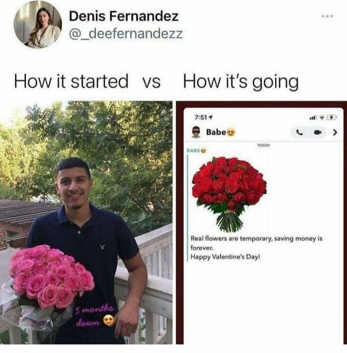 Man holding pink flowers vs virtual bouquet meme. Random memes add humor to a boring workday.