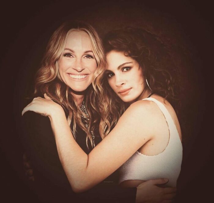 Two women embracing, showcasing the passage of time, with one older and one younger version.