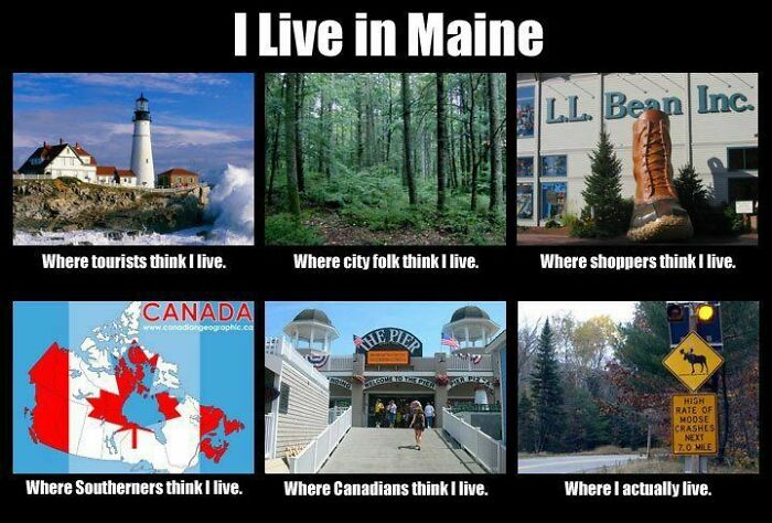 Meme depicting perceptions of Maine, with landmarks like a lighthouse, forest, LL Bean, and a moose crossing sign.