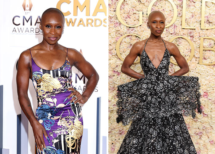 "Person in floral dress at CMA Awards, stunning weight loss transformation at the Golden Globes in evening gown.