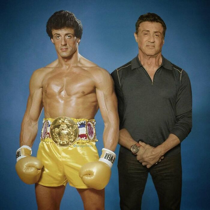 Celebrities photoshopped with younger selves; one in boxing gear, one in casual attire, illustrating the passage of time.