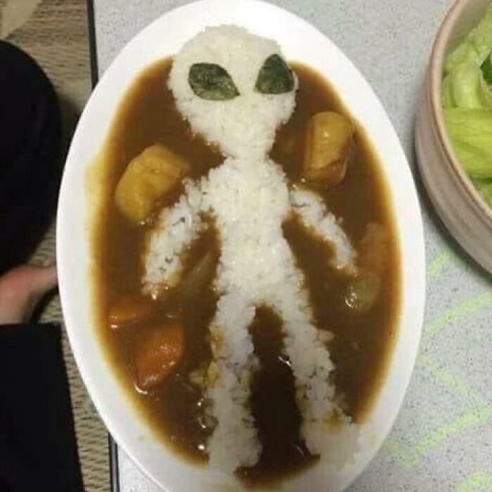 A rice alien-shaped figure on a plate of curry, showcasing a funny and confusing food arrangement.