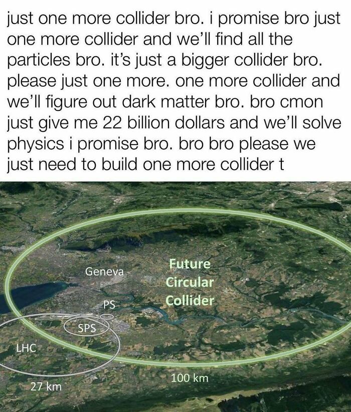 Aerial view meme about building a new particle collider near Geneva, labeled "Future Circular Collider."