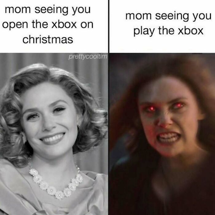 Mom reacts differently to Xbox: happy while opening, angry while playing. Random memes humor.