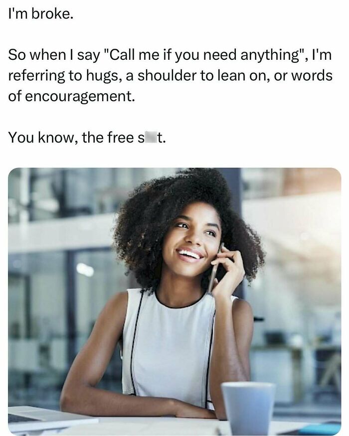 Woman smiling while on the phone, with text humor for women about offering support instead of monetary help.