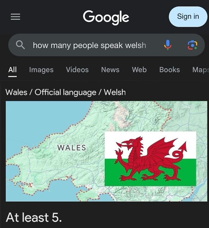 Google search about Welsh language speakers, showing map of Wales and Welsh flag.
