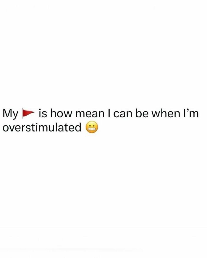 Text meme about being mean when overstimulated with a red flag emoji.