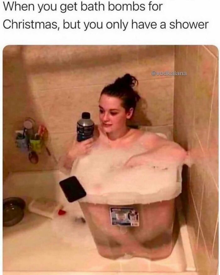 A woman uses a plastic bin as a makeshift bathtub in a humorous meme.