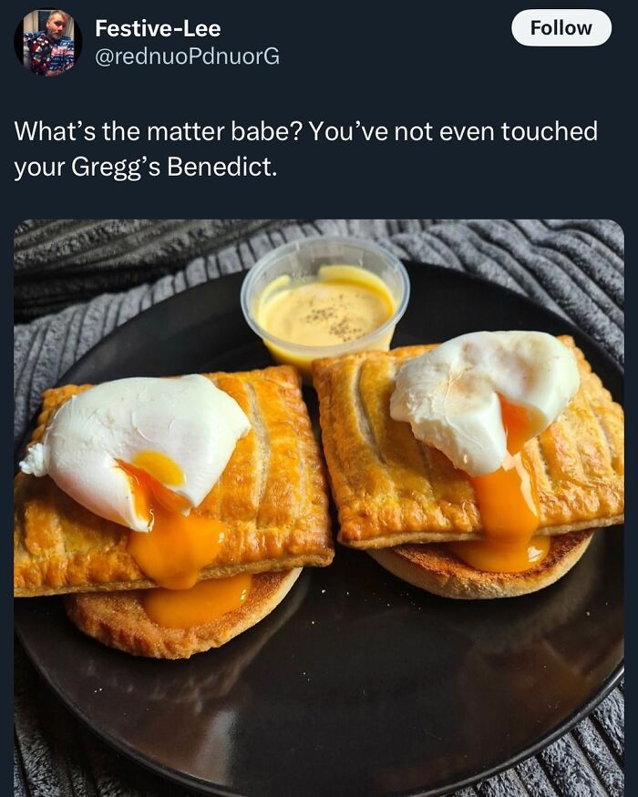 British breakfast with two pastries, poached eggs, and sauce, labeled humorously as "Gregg’s Benedict."