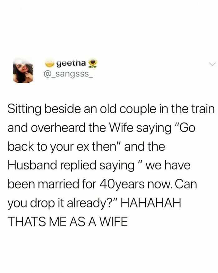Text post of a humorous exchange between an old couple on a train, showcasing random memes.