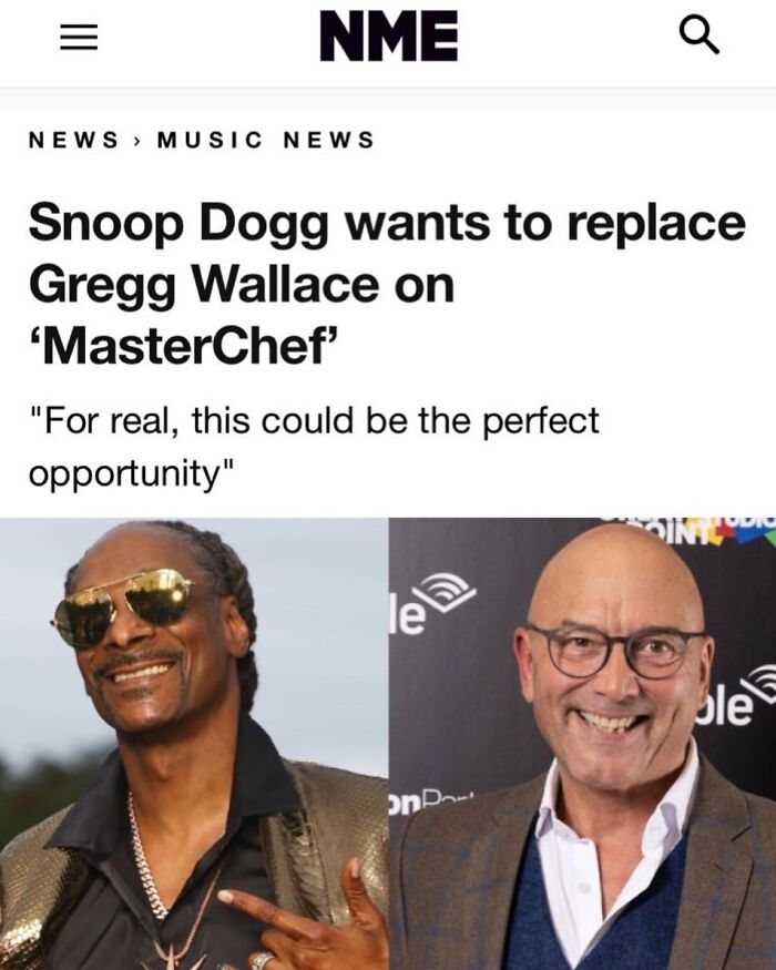 NME headline about Snoop Dogg wanting to replace Gregg Wallace on MasterChef, featuring their photos.