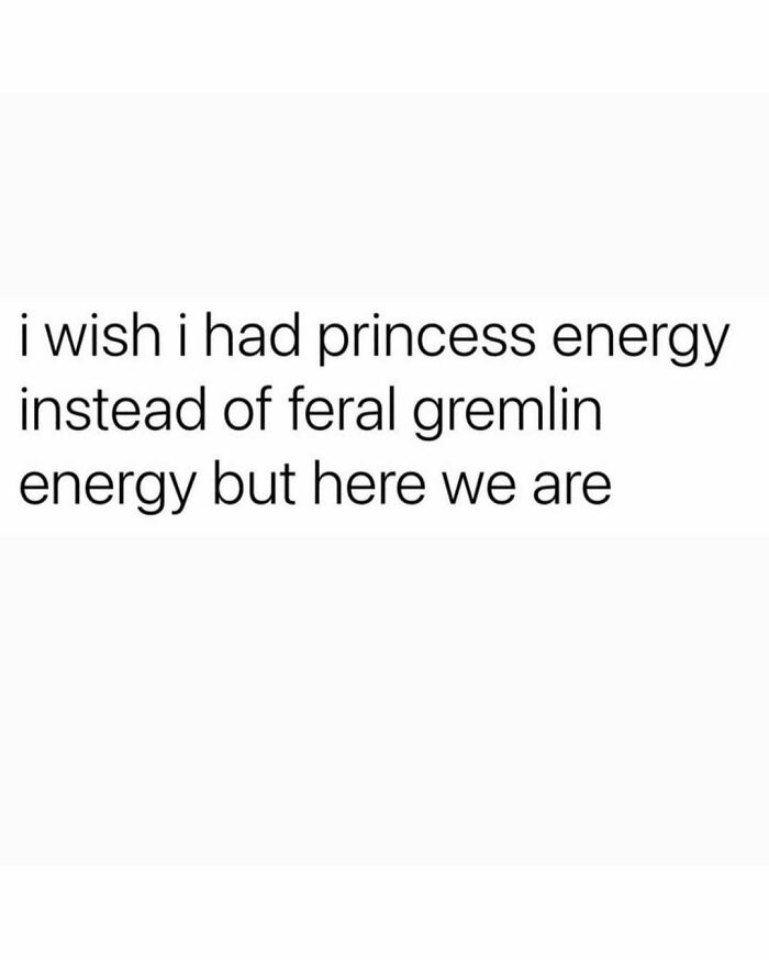 Text meme humorously comparing "princess energy" and "feral gremlin energy."