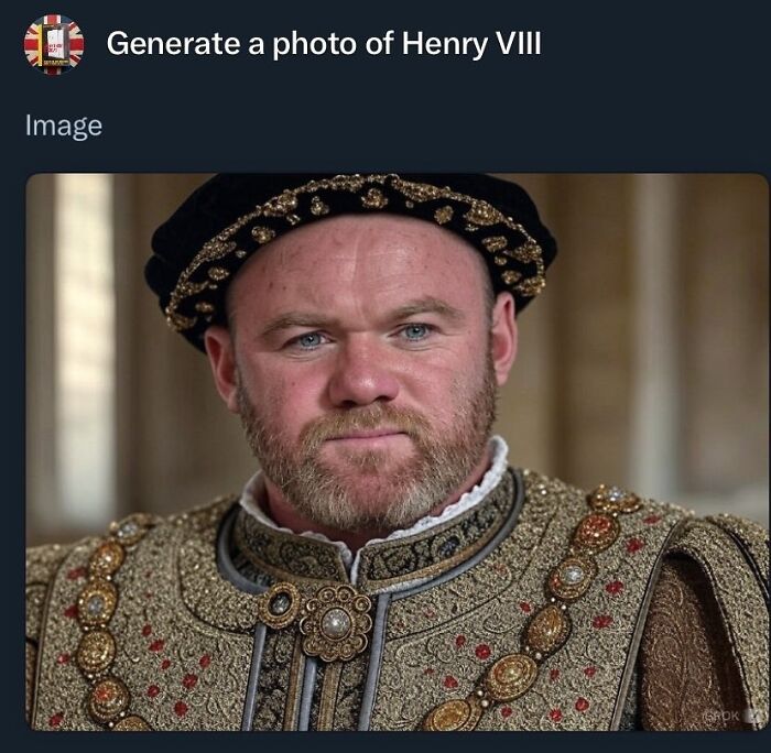 A man dressed as Henry VIII, wearing a detailed historical costume and cap, embodying British historical theme.