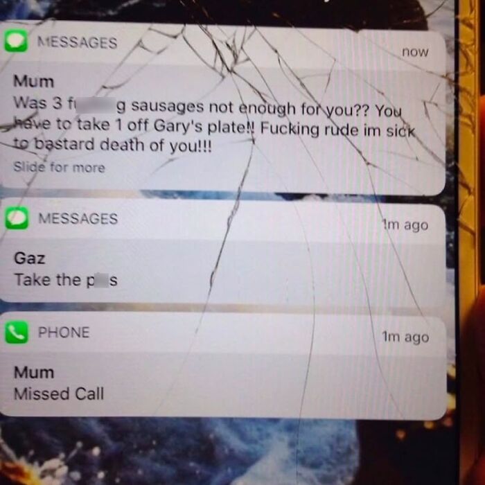 C*****d phone screen showing humorous British text messages from Mum and Gaz.