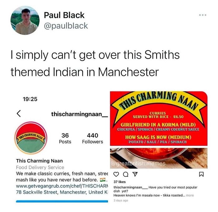 British humor: A Smiths-themed Indian restaurant in Manchester with menu puns on Instagram.