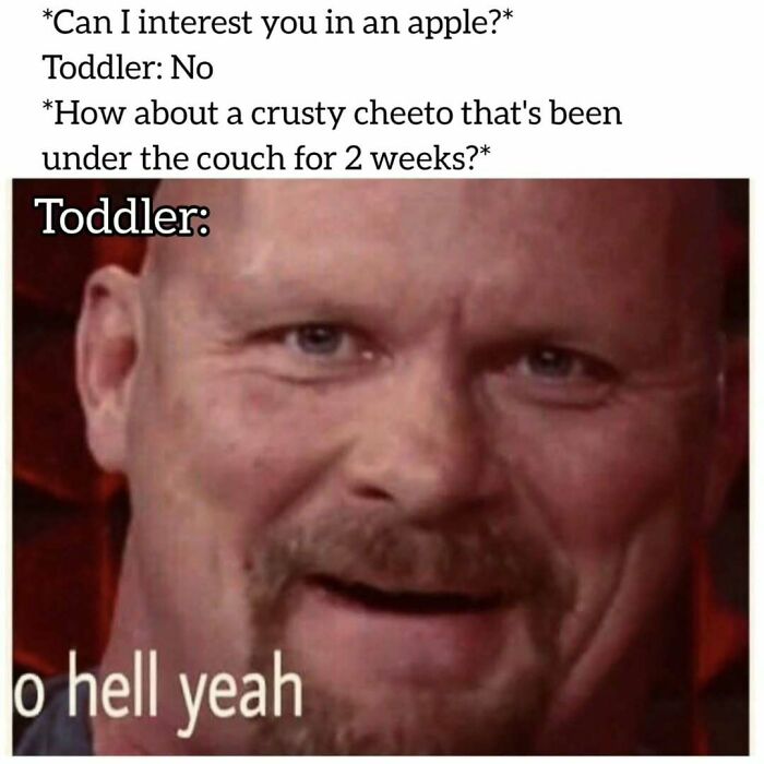 A dad meme showing a man's amused face reacting to a toddler's food preference joke.
