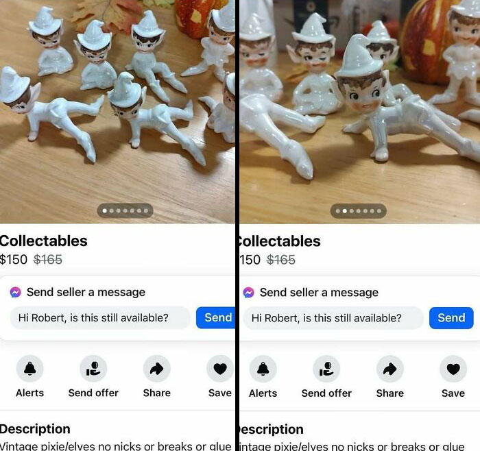 "Collection of vintage ceramic pixies listed on Facebook Marketplace ad."