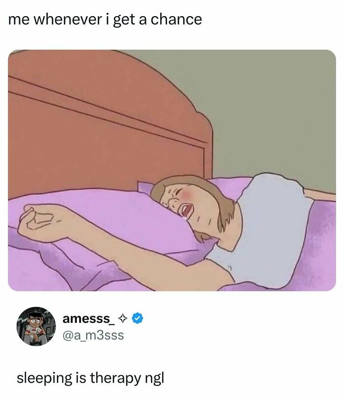 Cartoon woman lying exhausted on bed with caption about sleep, a relatable meme from silly and spicy memes collection.