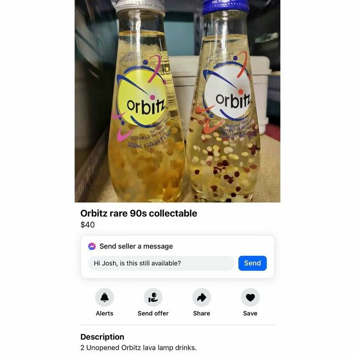 Two unopened Orbitz 90s collectible drinks on Facebook Marketplace.