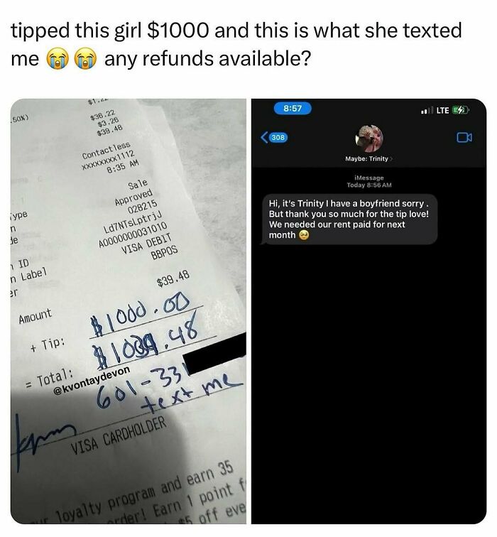 Funny and relatable meme showing a $1000 tip receipt and a text about needing rent paid next month.