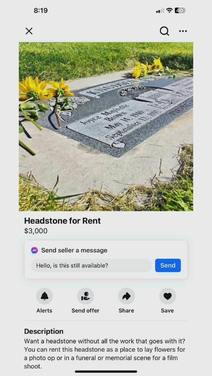Delusional Facebook Marketplace ad for renting a headstone, priced at $3,000, featuring a gravestone with flowers.