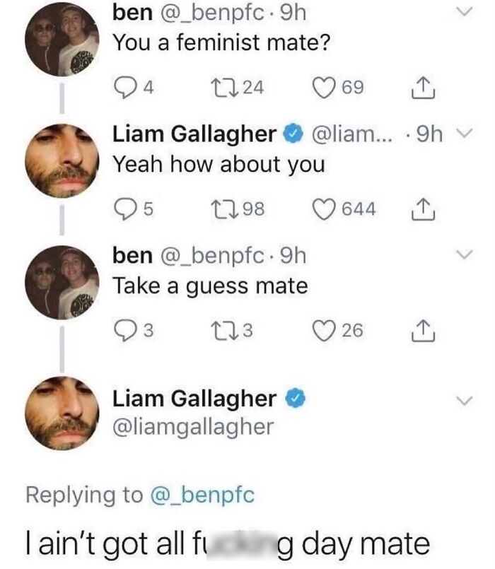 British humor in a Twitter exchange about feminism with a candid response.