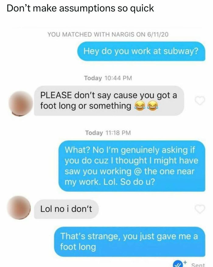 Text message meme showing a funny, spicy conversation about working at Subway with relatable humor.