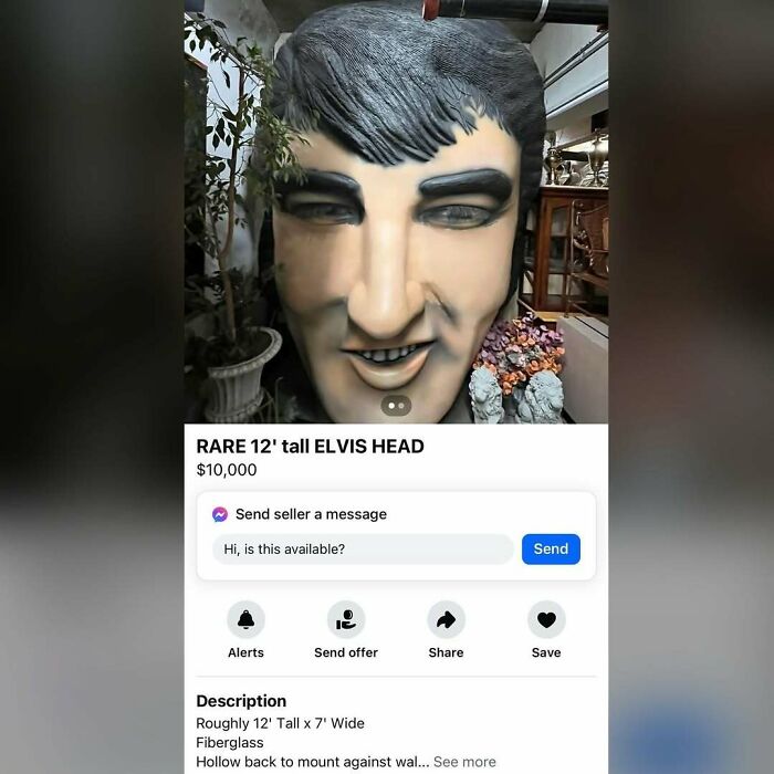 Giant fiberglass Elvis head listed for $10,000 on Facebook Marketplace, described as rare and 12 feet tall.