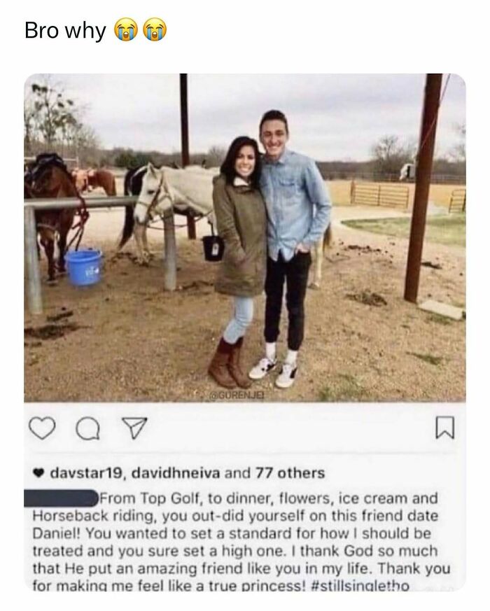 Couple posing near horses at a ranch, featured in silly relatable spicy memes shared on this popular IG page.