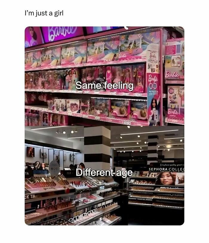Photo showing a humorous meme comparing Barbie dolls in a toy store to makeup products in a Sephora store, relatable meme content.