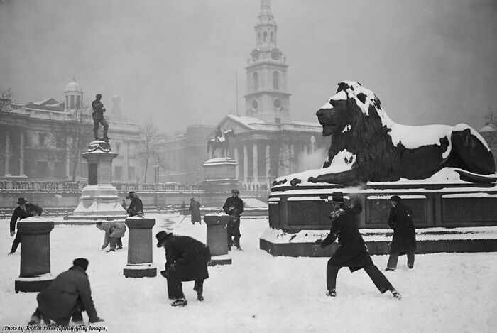 People having a snowball fight in a historical city square, with statues and a snow-covered lion in the background.