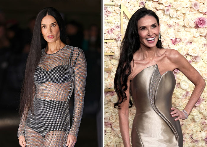 Weight loss transformations showcased at the Golden Globes with two images of a woman in different outfits.