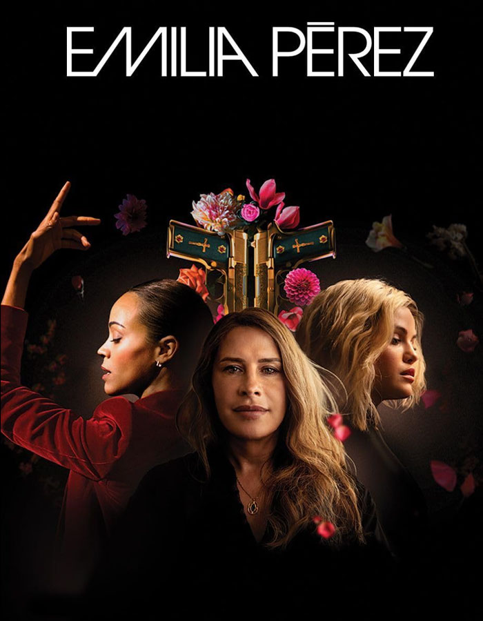 Movie poster for "Emilia P&eacute;rez" featuring three women with flowers, related to Oscar nominations.