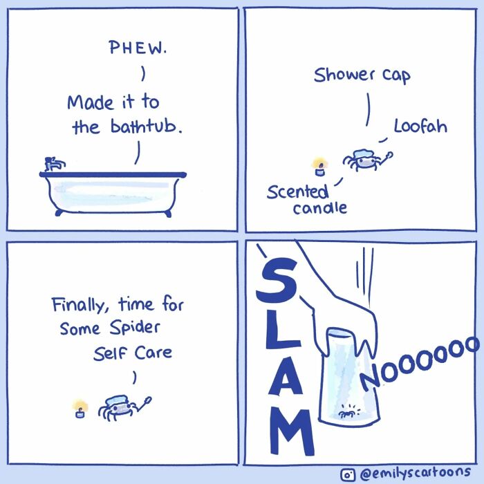Spider comic by Emily McGovern showing a spider's bath interrupted by a cup being slammed down, illustrating everyday life.