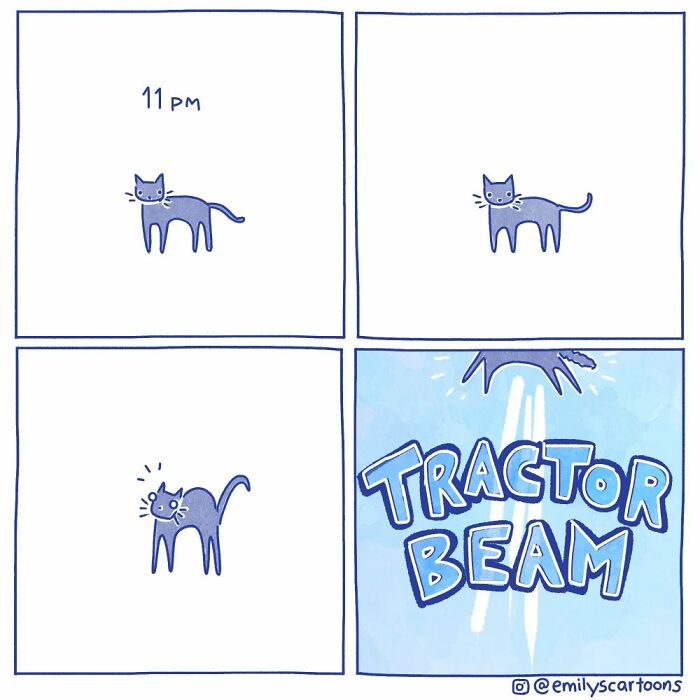 Comic of a cat at 11 pm seeing a tractor beam by Emily McGovern, humorously illustrating everyday life.
