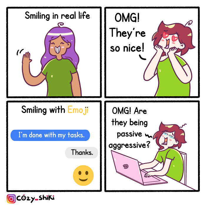 Comic by artist shows relatable moments of smiling in real life versus emoji use, highlighting everyday humor.