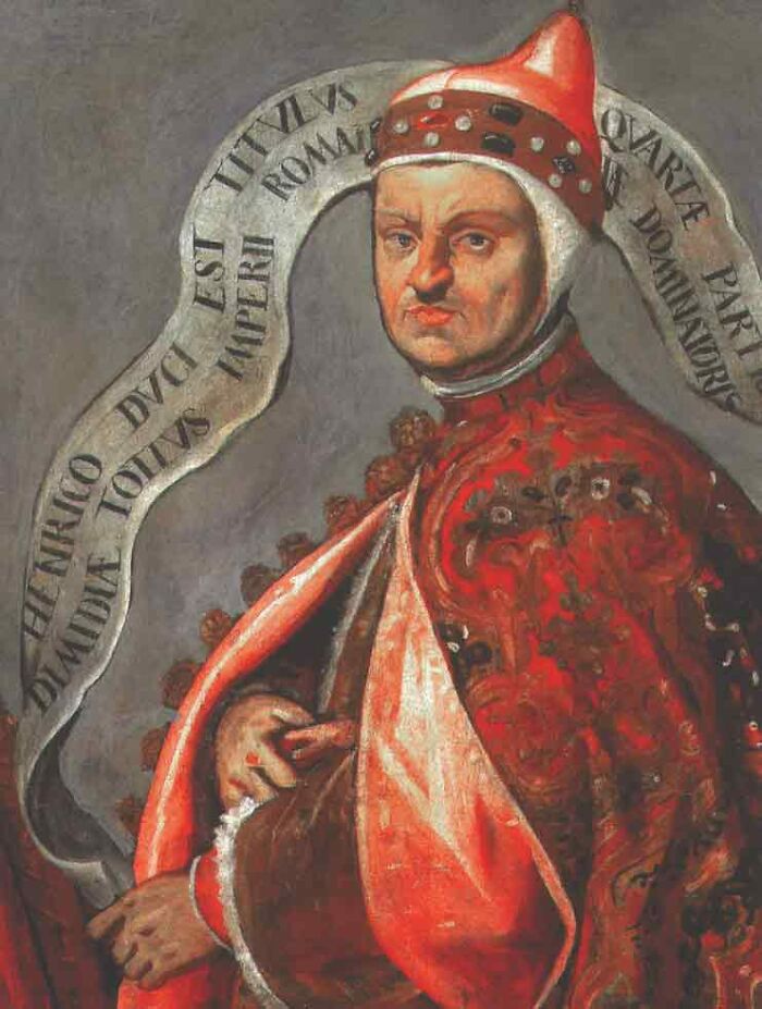 Portrait of a historical figure in ornate red attire, associated with overlooked historical events.