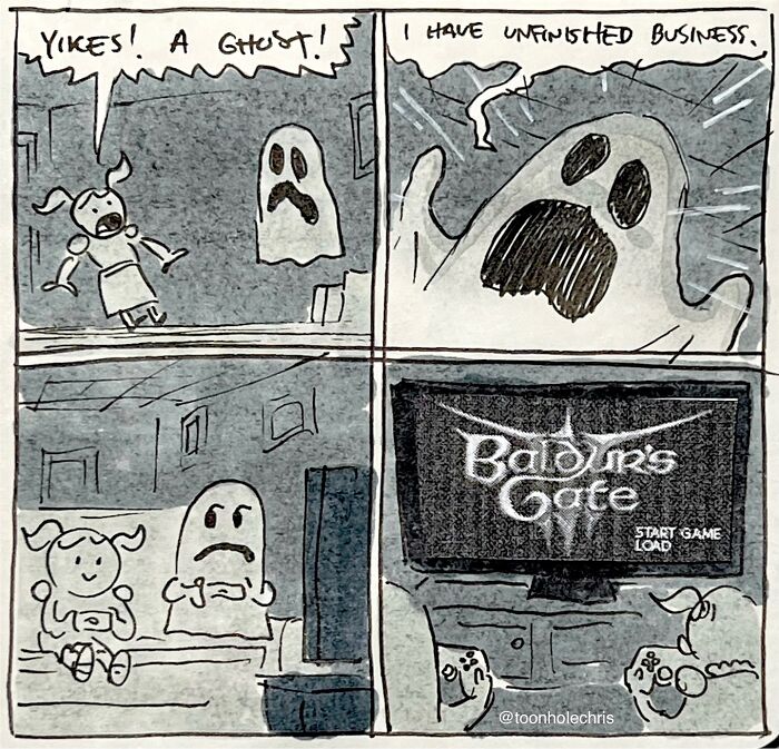 Ghost and girl in a sketchbook comic by Toonhole Chris, playing Baldur's Gate on TV.