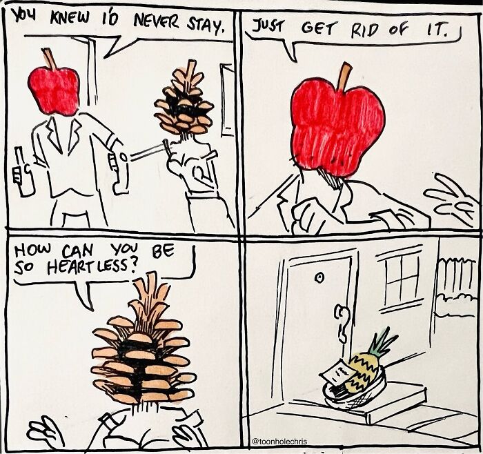 A comic by Toonhole Chris featuring a humorous scene with apple and pinecone-headed characters.